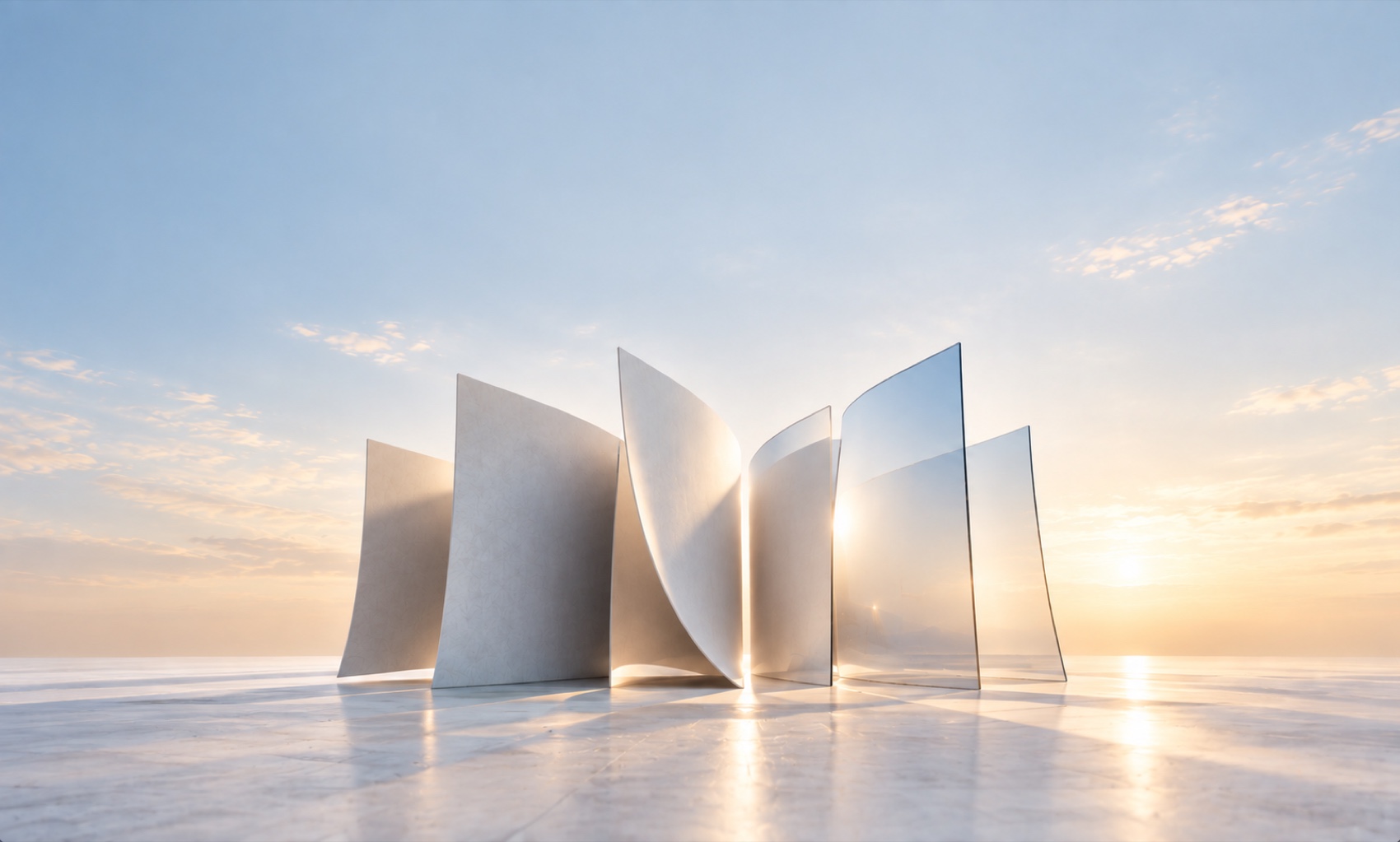 Sculpture de grandes pages incurvées passant progressivement de la matière opaque au verre transparent, au lever du soleil