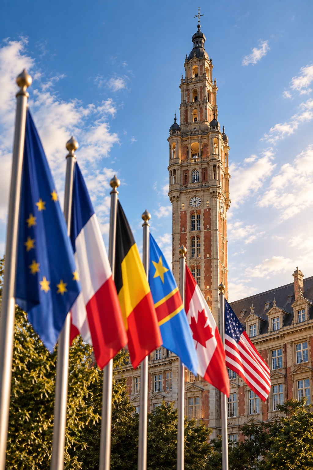 Drapeaux des pays d'intervention de KD Group : Union européenne, France, Belgique, RDC, Canada, États-Unis
